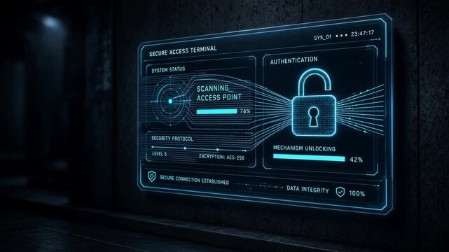 Futuristic digital security interface panel glowing on a dark wall showing padlock icon and data scanning progress bar for cyber safety technology concepts