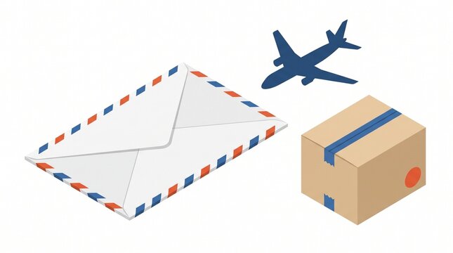 Isometric airmail envelope with airplane and parcel box isolated on white background