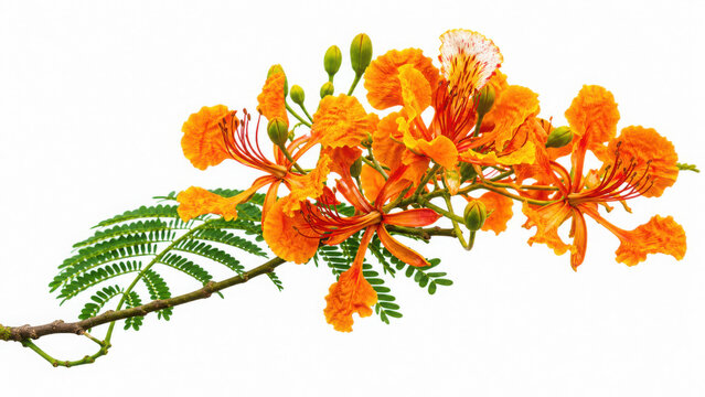 Bright orange royal poinciana flower branch with green leaves on generated using ai background