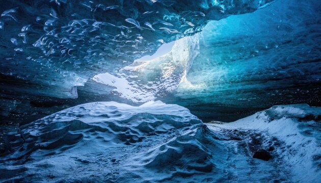 An illuminated ice cave with shimmering blue formations and snow-covered ground.
