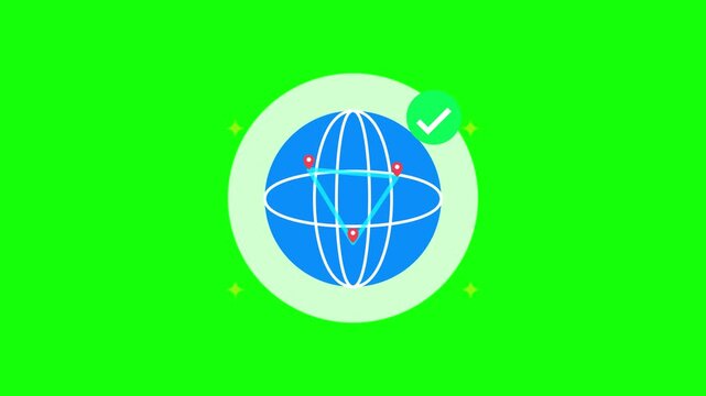 Animated global location pin and checkmark on green screen for navigation and travel concepts globe earth