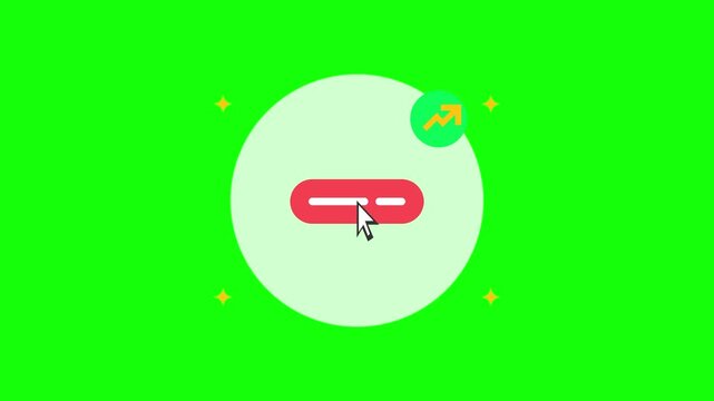 Animated mouse cursor clicking red button with growth arrow on green screen chroma key