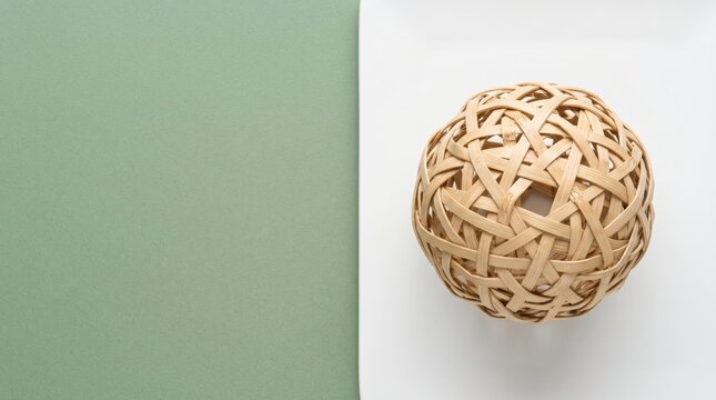 Woven bamboo sphere on a white plate against a sage green background