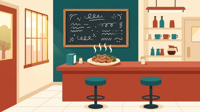 Steaming plate of chitterlings served on a diner counter with stools and a chalkboard menu in the background of this cozy vector illustration.