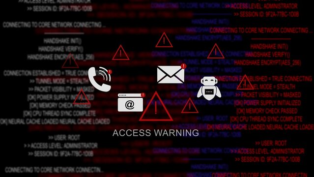 Access warning text with cyber security and red alert triangle symbols floating on code background