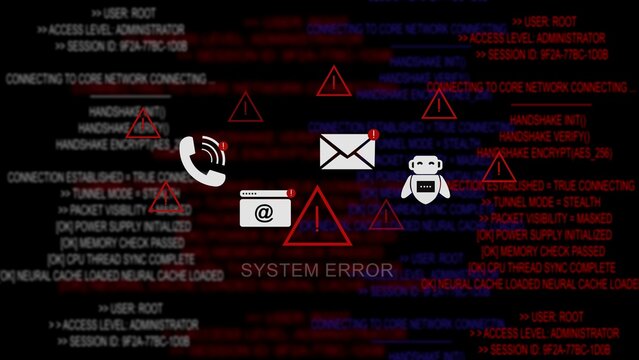 Computer system error cybersecurity alert with red warning triangles, programming code background, telephone symbol, email envelope, and robot chatbot interface