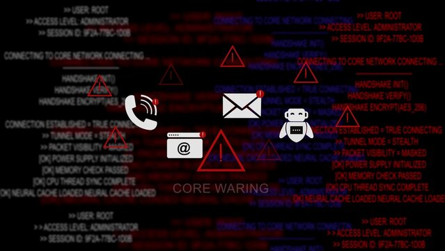 Core warning computer system breach alert featuring red warning triangles, programming code background, telephone symbol, email envelope, and robot chatbot avatar