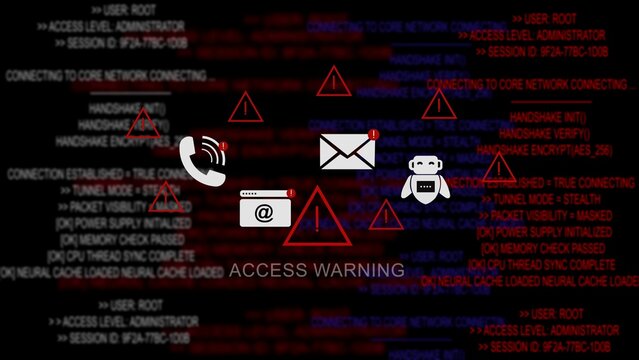 Access warning text displayed among red alert triangles and communication on digital code screen cyber