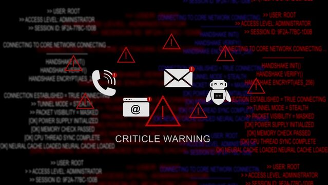 Critical warning computer system error alert with red warning triangles, programming code background, phone symbol, mail envelope, and robot assistant interface