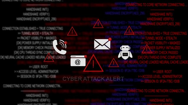Cyber attack alert warning notification displayed on a dark digital terminal background, with scrolling red, code lines, red, triangular warning symbols, and communication depicting, network security