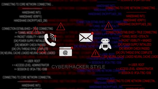 Cyber hacker style alert background, with red code, text lines, warning, triangular symbols, and, notification depicting online, communication security threats, and network intrusion activities