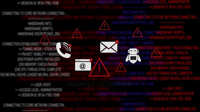 Anomaly detection system warning screen featuring red triangle alerts, computer source code, and white communication interface on a dark digital background, depicting network security, threats and