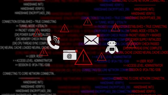 Cybersecurity system alert displaying red warning triangles, communication and complex computer code background, representing digital threats, data breaches, network, vulnerabilities, and software