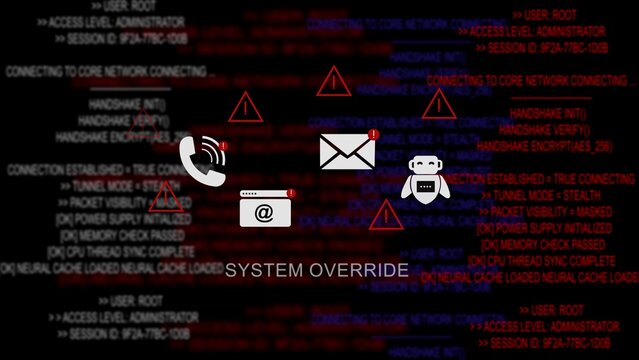 Cybersecurity system override warning notification featuring glowing red triangles, computer code lines, phone mail envelope, and robot assistant on dark screen