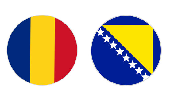 romania and bosnia and herzegovina national flags in circular design isolated on transparent background