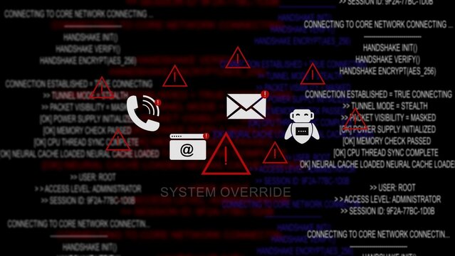 System override alert message displayed over red scrolling computer code with security warning symbols