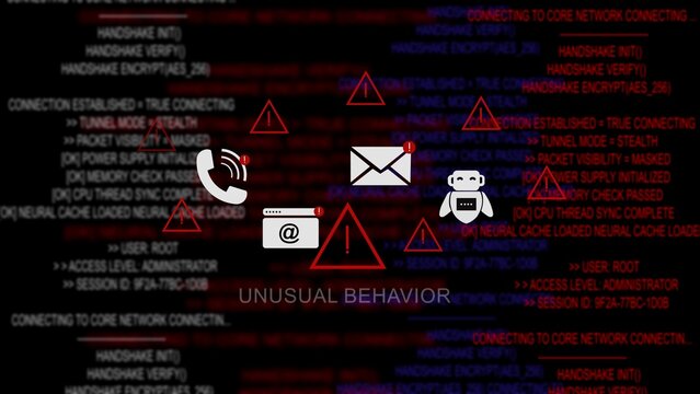 Unusual behavior security alert displayed on a dark digital computer terminal background, with red warning, triangles, communication and, scrolling programming code, indicating potential malware