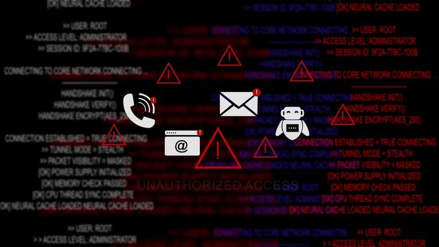 Unauthorized access security breach alert on a dark digital computer terminal background, filled with scrolling, red code lines, warning triangles, and, communication indicating malicious