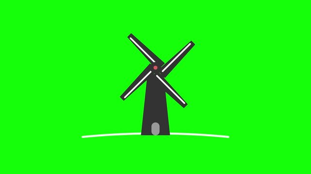 Animated windmill turbine rotating on green screen background, eco energy and renewable power concept
