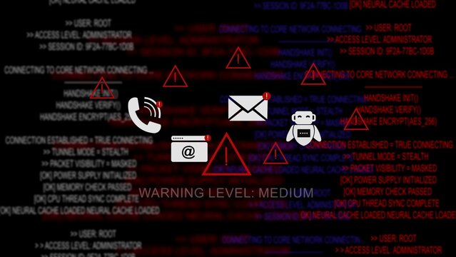 Warning level medium displayed on red code text background, with cybersecurity threat, triangles and communication, highlighting moderate risk, levels in network, security systems and digital