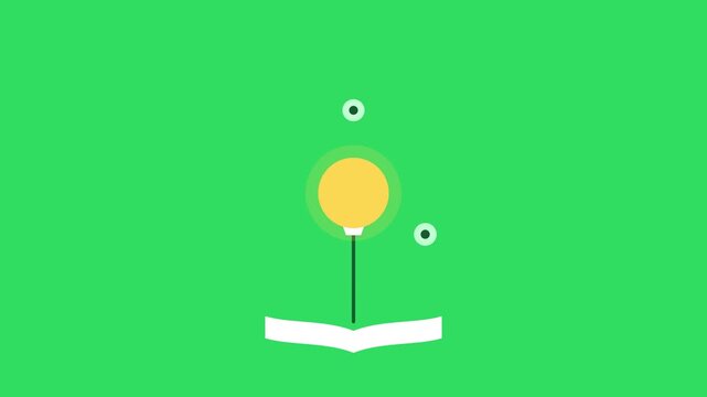 Animated open book with glowing lightbulb idea and geometric network nodes on green screen background