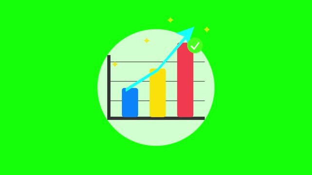 Animated bar chart with rising arrow and checkmark on green screen for business growth and financial success