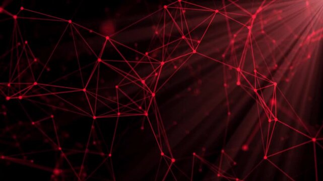 Futuristic red digital network connectivity illustration with geometric nodes and lines on dark background