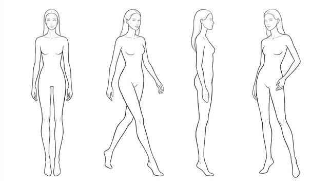 Fashion Model Pose Reference Sheet with Multiple Female Figure Views