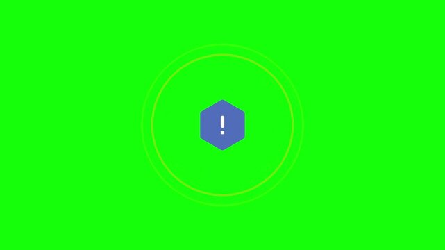 Animated exclamation mark warning with expanding rings on green screen chroma key background, warning alert symbol