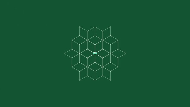 Abstract geometric cube growth animation on green background, glowing network lines for tech projects