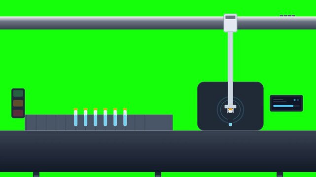 Automated laboratory robotic arm processing test tubes on production line conveyor with green screen