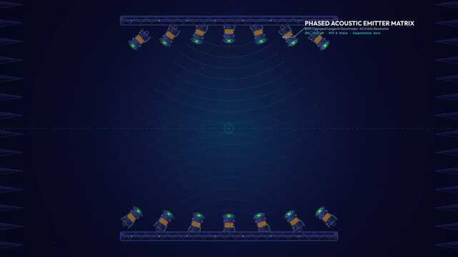 Acoustic levitation of a bioactive medicinal compound in a zero-vessel synthesis environment using a phased acoustic emitter matrix, illustrating vertical and lateral trapping forces