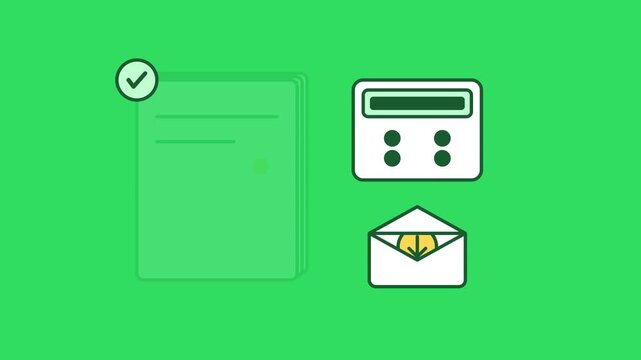 Flat animation of business document processing, tax form submission, and calculator calculation 2d motion business