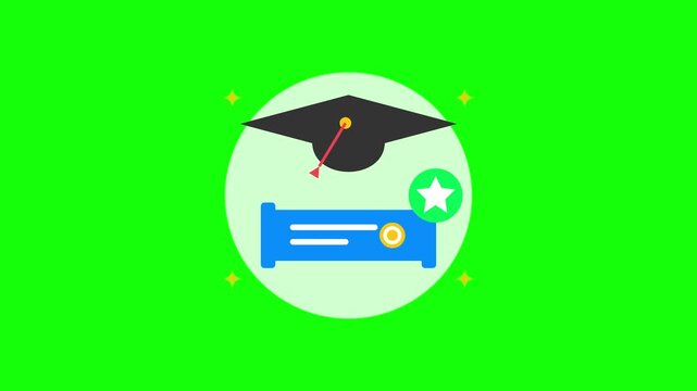 Animated graduation cap and diploma on green screen for education and academic success concepts mortarboard
