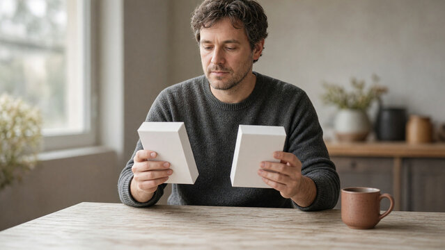 Thoughtful man comparing two blank product boxes at wooden table. Consumer decision making and conscious shopping concept
