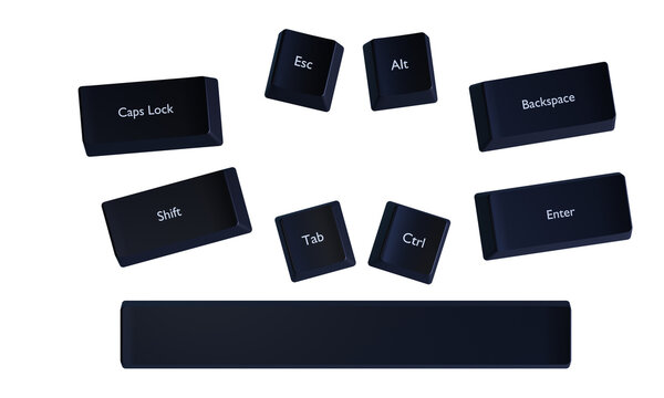 3D Computer Keyboard Shortcut Keys Set with Esc, Alt, Ctrl, Shift, Tab, Enter and Backspace Isolated on Transparent Background