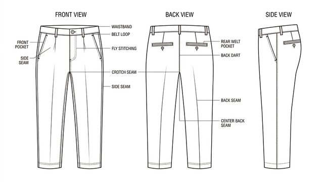 Detailed technical specification sheet for trousers featuring front back and side views with labeled garment construction parts