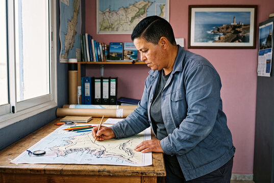 Cartographer drafting a coastal map for planning and reports