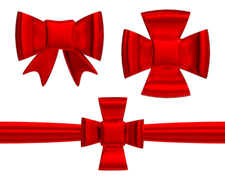Collection of red satin gift bows for Christmas and valentines. Element for decoration gifts, greetings, packaging decoration. High resolution PNG. 3d render