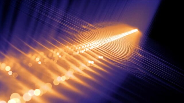 非線形光学界面で光周波数コムと偏光波面が交差する琥珀色の科学背景
