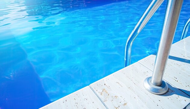 A close-up shot of a swimming pool with a metal ladder and tiled edge.