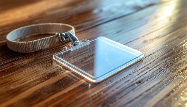 Empty transparent plastic ID card holder with lanyard on a wooden surface in warm natural sunlight, minimalist workplace identification concept