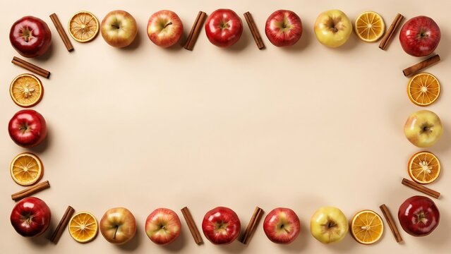 Autumn Apple and Citrus Fruit Border with Copy Space