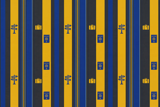 Travel themed seamless pattern with luggage passports and bold blue stripes