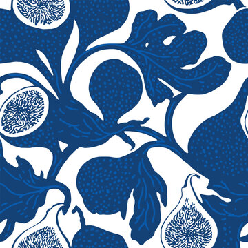 Hand-drawn fig seamless pattern featuring whole and sliced fruit with bold engraving lines and stippled texture, creating a fresh botanical surface for textiles, packaging, and decor.
