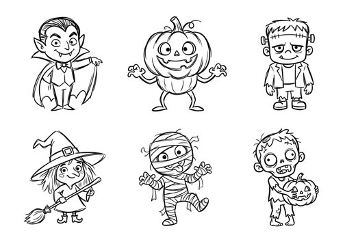 Hand Drawn Vector Halloween Monsters Outline Set: Vampire, Witch, Mummy, Zombie
