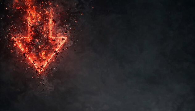Downward arrow in fire style. Crash of market, devalue object or commodity. Copy space stock illustration.