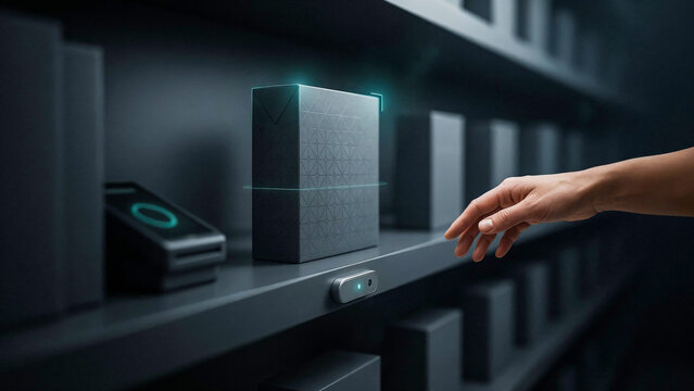 A hand reaching toward a high-tech smart box on a futuristic shelf with digital scanning technology in a modern warehouse