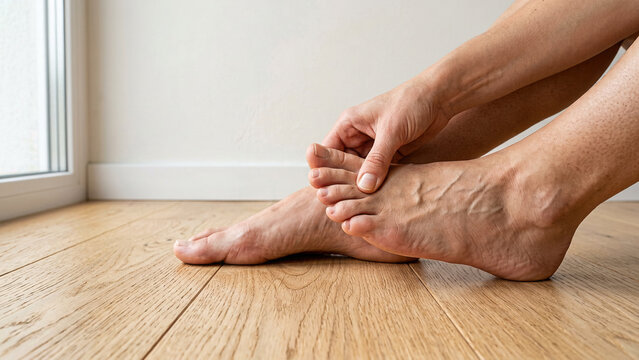 Person holding and massaging aching feet sitting on wooden floor in bright room generated using ai