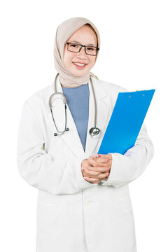 Smiling Asian Muslim Female Doctor Holding Clipboard Standing Against White Background